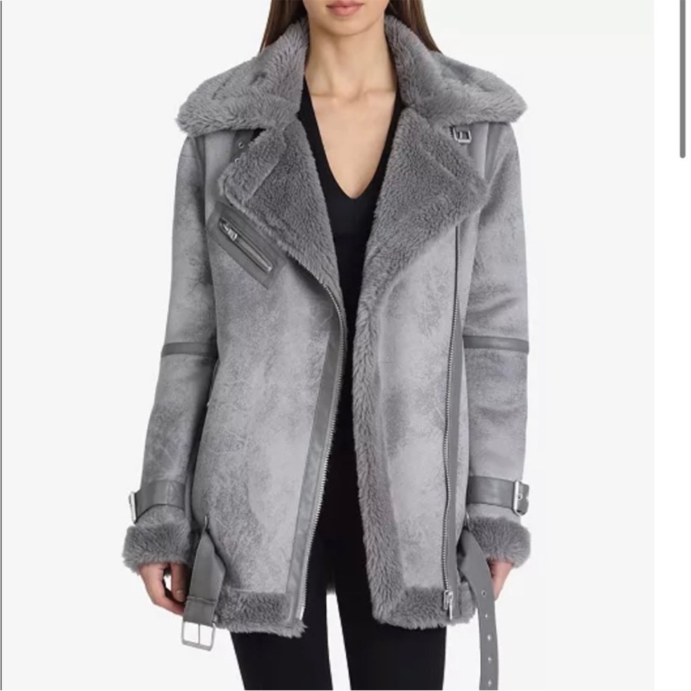Avec Les Files grey faux leather sherpa moto jacket coat size large
